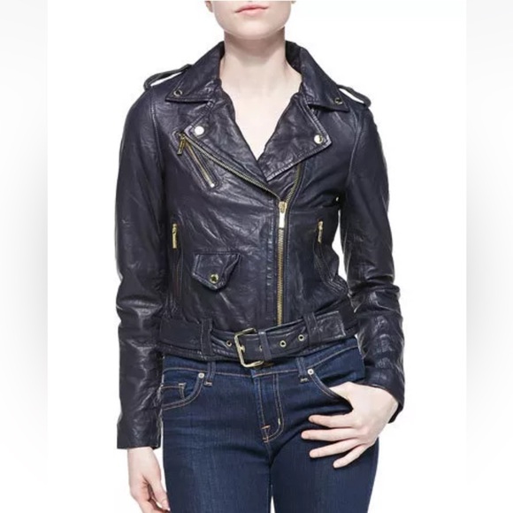 NWT MICHAEL KORS BEAUTIFUL NAVY LEATHER MOTO JACKET - Picture 5 of 8